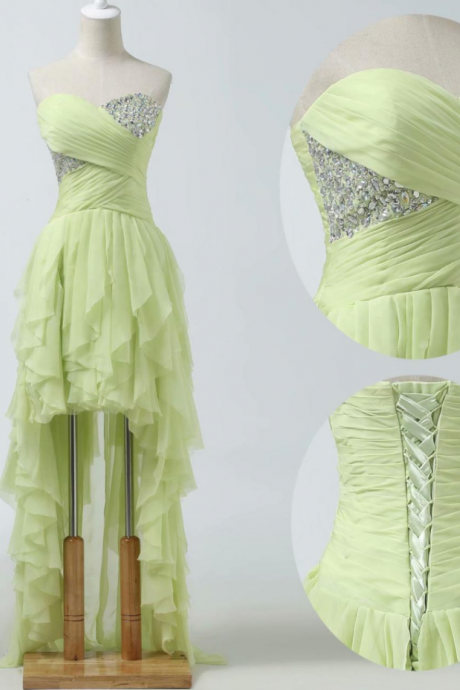 Long Mint Green High Low Formal Dresses Featuring Rhinestone Beaded Bodice With Sweetheart Neckline -- Chiffon Prom Dresses, Sexy Evening Gowns