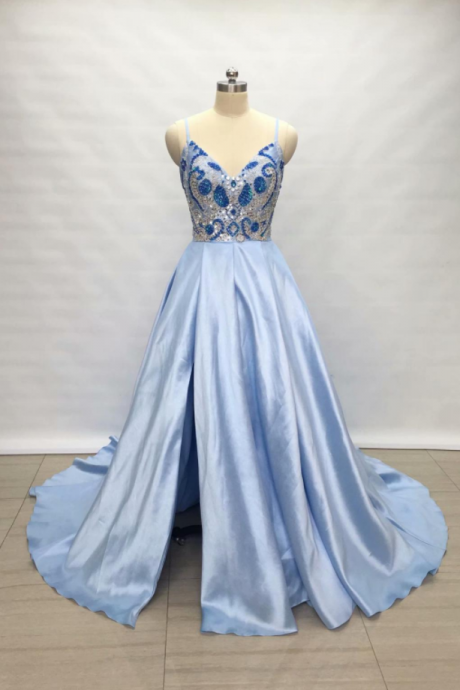 Fashion Light Blue Side Split Evening Dresses A Line Satin Prom Gowns