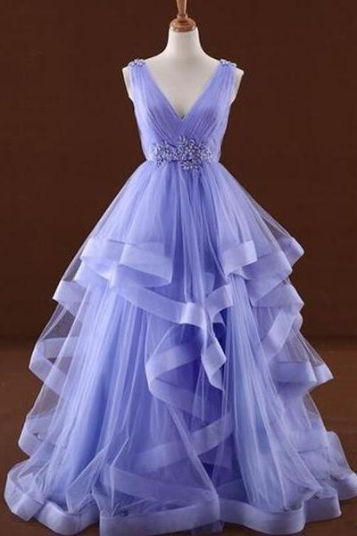 Fashion Tulle V-Neckline Layers Long Sweet Dress Custom Light Purple Prom Dress Evening Party Dress 