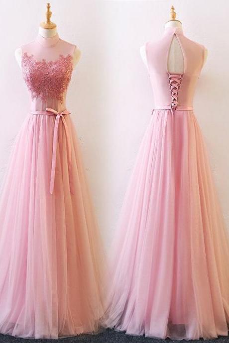 Pink Halter Tulle A-line Applique Prom Gown Evening Party Dress