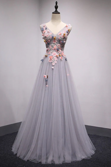Prom Dresses,v Neck Tulle Lace Long Prom Dress, Evening Dress