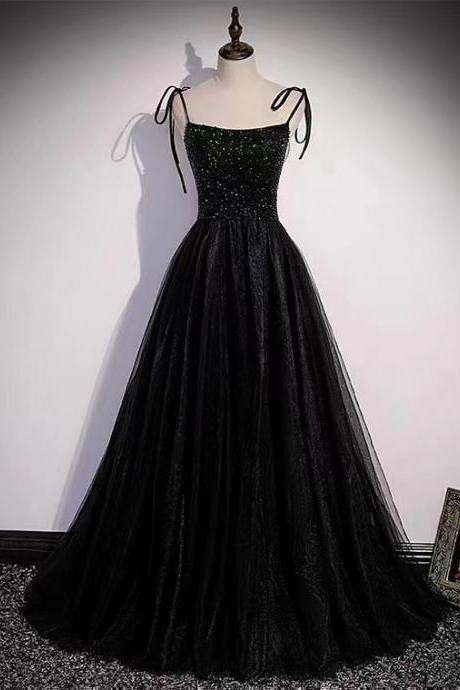 Spaghetti Strap Prom Gown, Black Party Dress,beaded Graduation Dress,custom Made