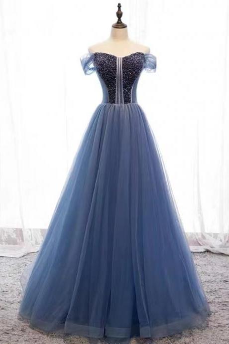 Of Shoulder Prom Gown, Blue Party Dress,beaded Evening Dress,custom Made