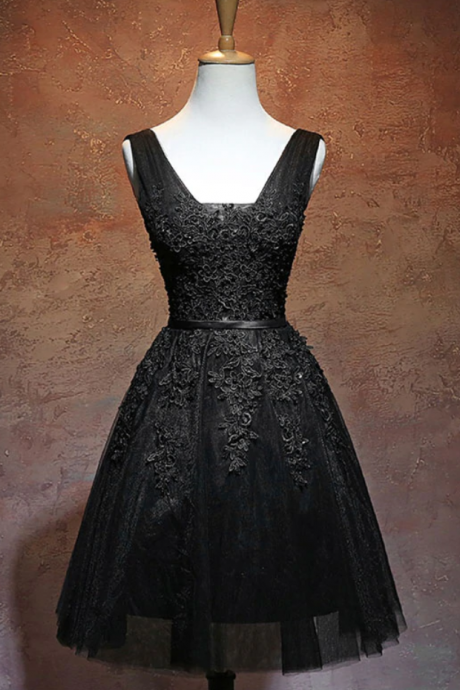Homecoming Dresses,black V Neck Tulle Lace Short Prom Dress, Black Homecoming