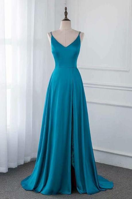 Blue Long Evening Dress V Neck Satin Sleeveless Side Split Evening Gown Dresses A Line