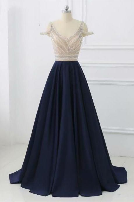 Charming Prom Dress,sleeveless Satin Prom Dress,sexy Navy Blue Evening Dress,long Party Prom Dresses