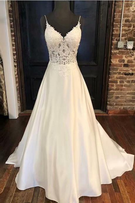 Ball Gowns Spaghetti Straps White Ivory Satin Wedding Dresses With Lace Applique Bridal Dress Marriage Customer Made Size