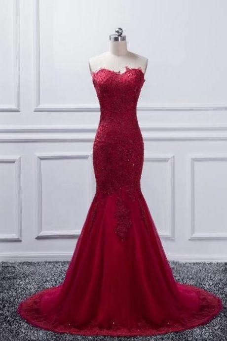 Sexy Burgundy Long Prom Dresses Tulle Appliques Vintage Mermaid Evening Dress