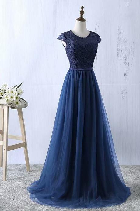 Navy Blue Prom Dresses Tulle Prom Gowns Real Photo O Neck A Line Prom Dresses Long