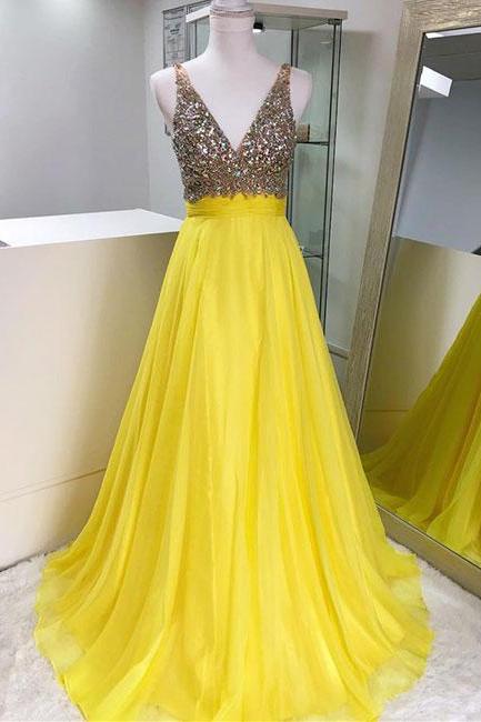Sexy Yellow Evening Dresses Plunge V Neck Chiffon Rhinestone Beaded Long Prom Dresses, Formal Gowns,Party Dresses,Red Carpet Dresses