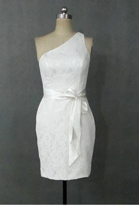 Elegant High Quality Short Length White Prom Dresses, One Shoulder Lace Prom Dresses, Short Prom Dress, Mini Prom Dress, Homecoming Dress