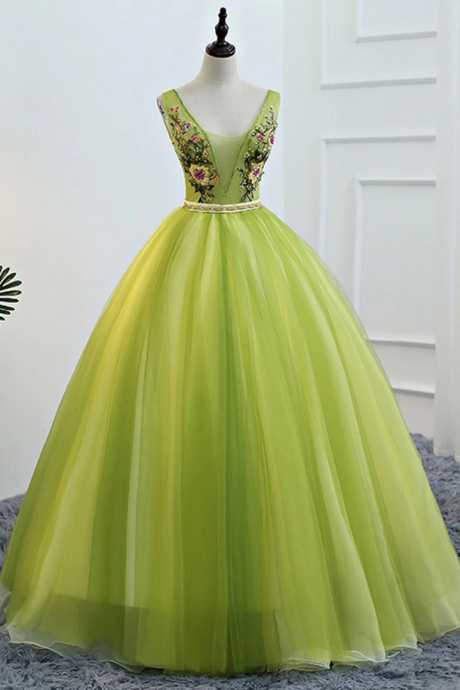 Prom Dresses,tulle V Neck Long Lace Up Senior Prom Dress With Applique