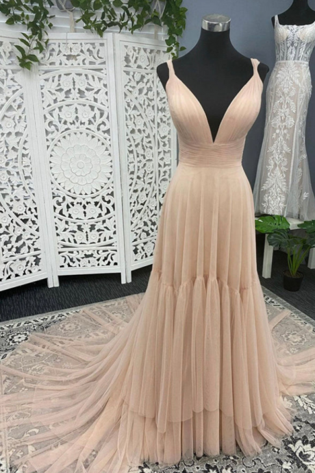 Prom Dresses,tulle Long Prom Dress A Line V Neck Evening Dress