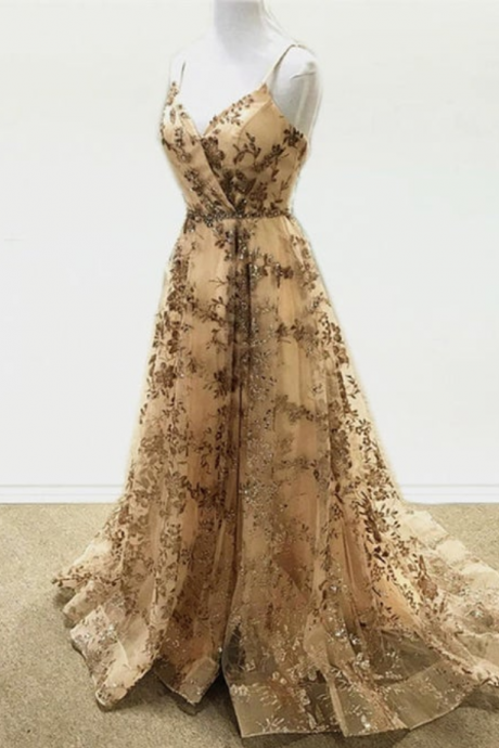 Prom Dresses,Sequin Pattern Prom Dresses V Neck Split