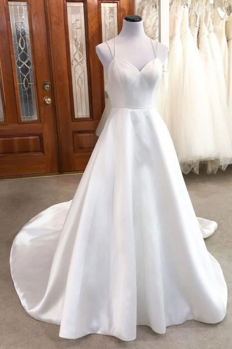 Prom Dresses,Simple v neck satin long wedding dress 