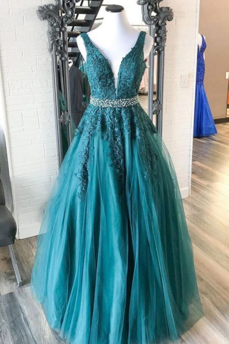 Prom Dresses,V Neck Lace Long Prom Dress with Beaded Belt, Long Lace Formal Evening Dress