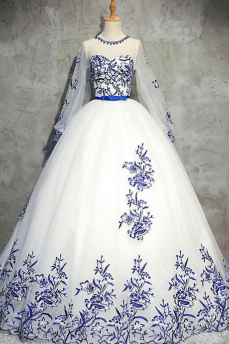 Prom Dresses,Long Sleeve Tulle Prom Dress with Appliques, Puffy Appliqued Long Evening Dress