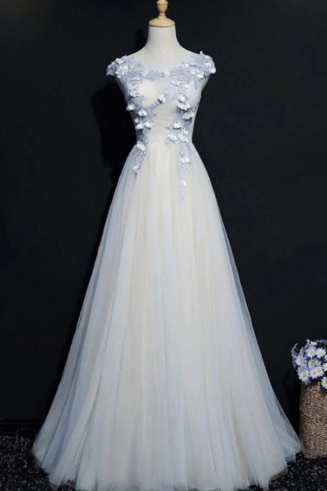 Prom Dresses,tulle Prom Dress, Floor Length Appliqued Evening Dress With Flowers