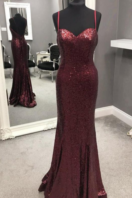 Prom Dresses,Spaghetti Strap Mermaid Sequined Prom Dress, Sparkly Floor Length Backless Evening Dress 