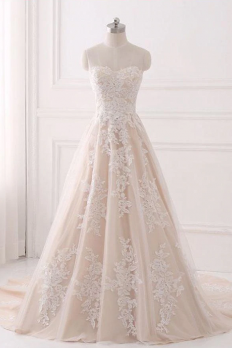 Prom Dresses,a Line Sweetheart Tulle Wedding Dress With Appliques,strapless Prom Dresses