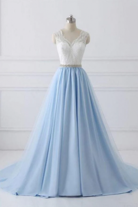 Prom Dresses,A Line V-neck Lace Appliques Bodice Long Prom Dresses,Elegant Prom Dress