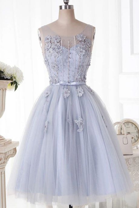 Cute round neck lace tulle short prom dress, homecoming dress