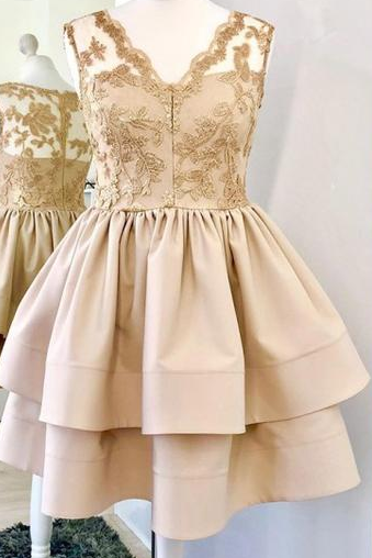 A-line V-neck Champagne Satin Short Homecoming Dress With Lace