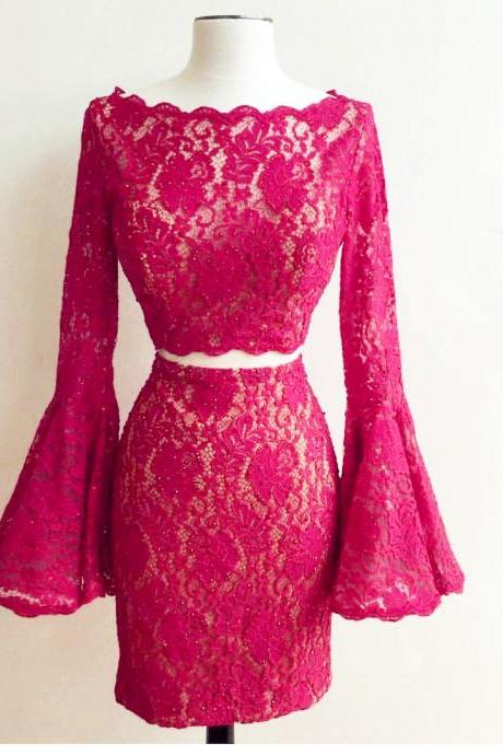 Elegant Lace Long Sleeves Homecoming Dresses ,short Prom Gowns