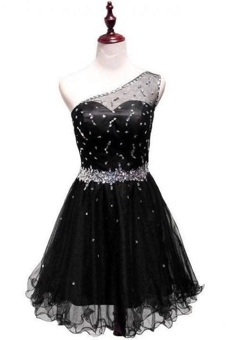 Black One Shoulder Simple Homecoming Dresses, Beaded Tulle Short Party Dress, Cute Party Dresses