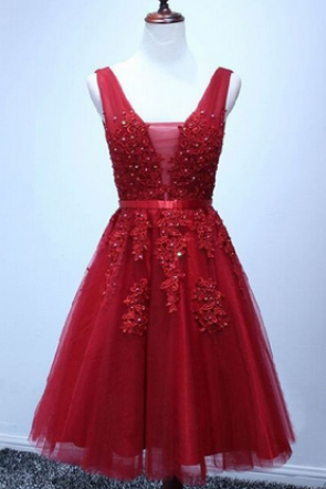 Red Short V-neckline Homecoming Dresses, Red Short Prom Dress, Red Party Dresses