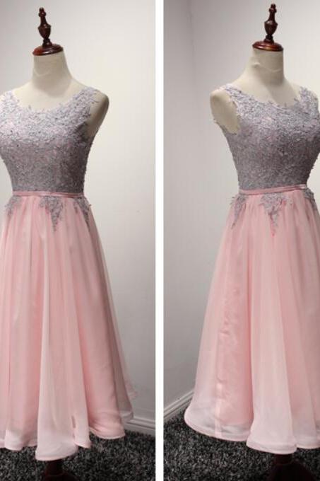 Tea Length Pink Party Dresses, Lace And Chiffon Homecoming Dresses, Lovely Formal Dresses