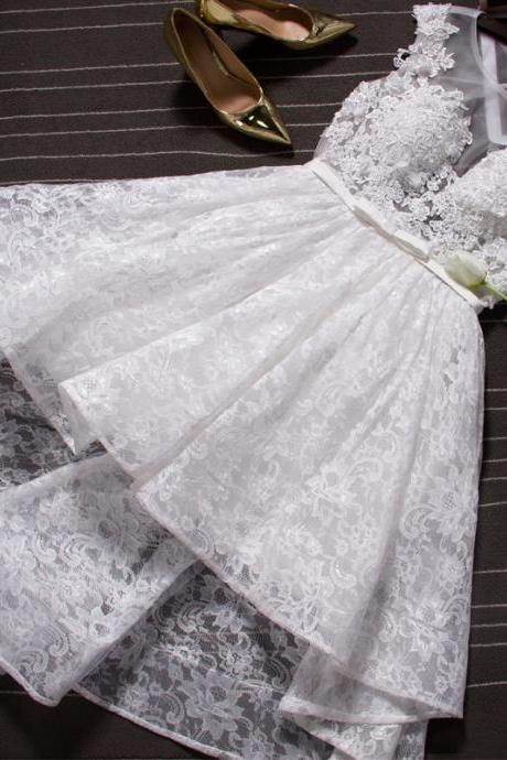 Adorable High Lace White Lace Short Teen Formal Dresses, Homecoming Dresses, White Formal Dresses
