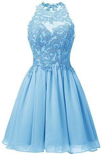 Cute Blue Short Homecoming Dresses, Chiffon Halter Party Dresses With Lace Applique, Sweet Dresses