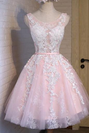 Cute Tulle Short Prom Dress With Lace Applique, Pink Homecoming Dresses, Lovely Graduation Dresses