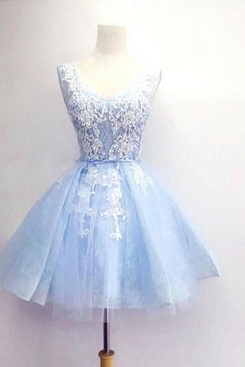 Lovely Light Blue Short Tulle And Lace Applique Prom Dresses , Homecoming Dresses, Short Party Dresses