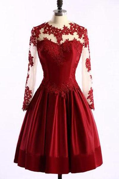 Elegant Long Sleeves Burgundy Knee Length Prom Dress With Lace Applique, Wine Red Homecoming Dresses, Short Party Dresses