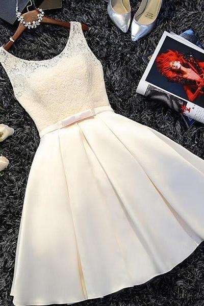 Ivory Satin Lace Round Neckline Knee Length Party Dress, Short Prom Dress