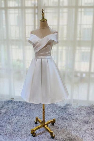 White Simple Satin Off Shoulder Knee Length Party Dress, Graduation Dress, Prom Dress