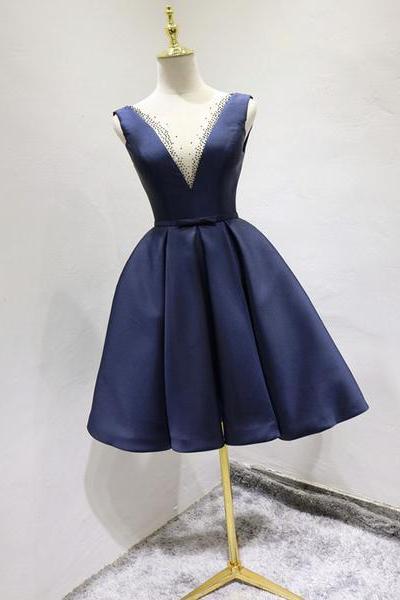 Elegant Beaded V-neckline Satin Navy Blue Dress, Short Bridesmaid Dress
