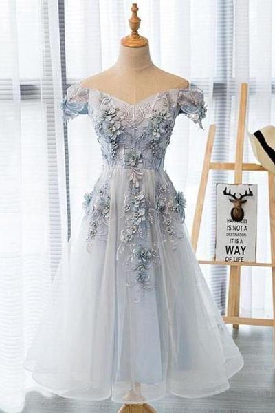 Beautiful Flowers Tea Length Party Dress, Short Prom Dress