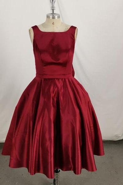 Dark Red Satin Backless Vintage Style Party Dress With Bow, High Quality Dress
