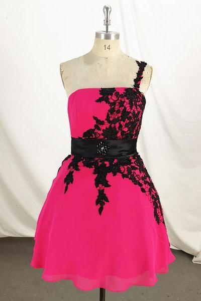 Cute One Shoulder Party Dress , Knee Length Formal Dress With Lace