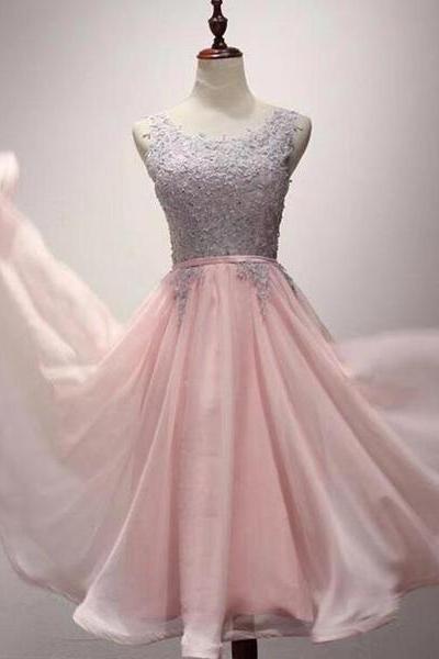 Light Pink Round Neckline Chiffon And Lace Knee Length Party Dress, Wedding Party Dresses