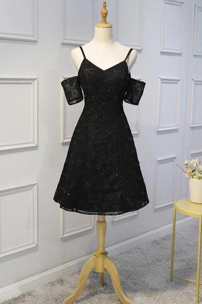 Black Lace With Sequins Homecoming Dresses, Lovely Short Prom Dress