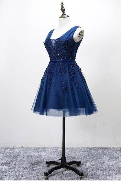 Navy Blue Homecoming Dresses, Short Prom Dresses, V-neckline Party Dresses