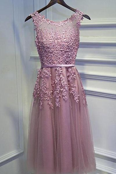 Lovely Beaded And Applique Cute Tea Length Tulle Formal Dress, O-neckline Party Dress