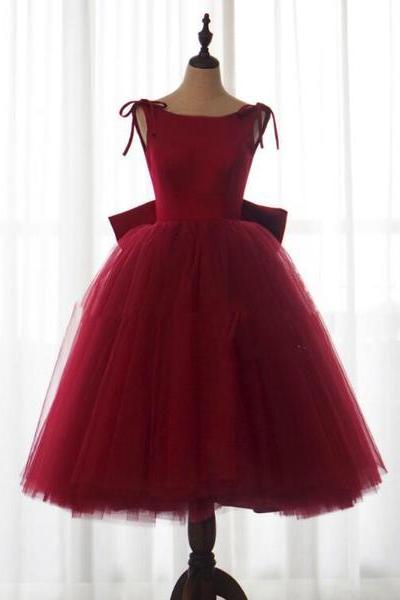 Charming Dark Red Tulle Vintage Tea Length Party Dress, Formal Dress With Bow, Lovely Party Dresses