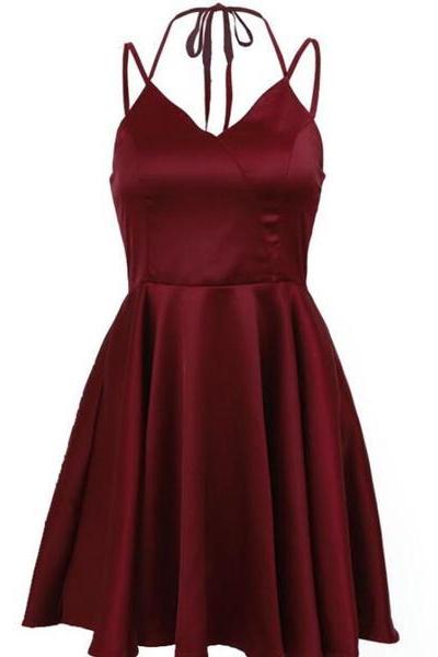 Dark Red Halter Satin Homecoming Dress, Burgundy Homecoming Dress , Pretty Formal Dress