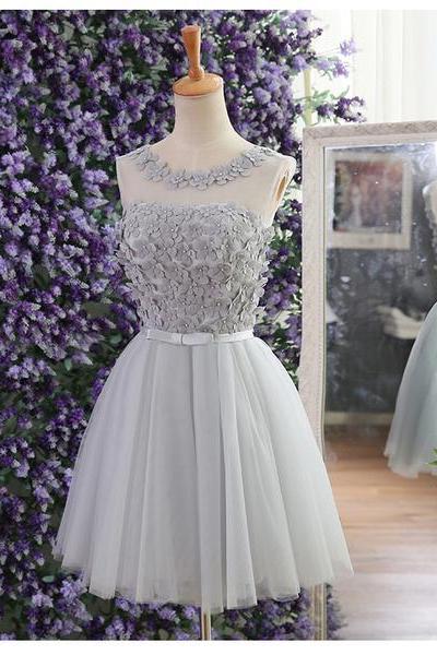 Lavender Flowers Tulle Party Dress, Cute Teen Party Dress, Round Neckline Formal Dresses