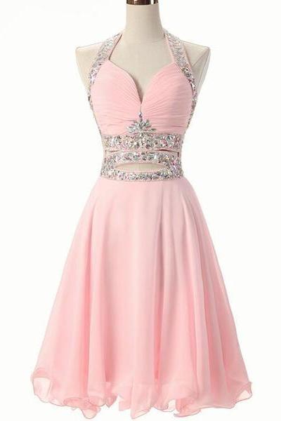 Pink Beaded Short Chiffon Style Formal Dress , Pink Homecoming Dresses, Short Party Dresses